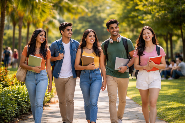 A group of five college students, including South Asian and East Asian individuals, walking together in a sunny park, carrying study materials and smiling. The background shows other students socializing in a lush, green environment.