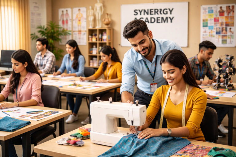 A diverse group of students participating in vocational training at Synerrgy Academy. A male instructor assists a student with sewing, while others are engaged in fashion design and robotics.
