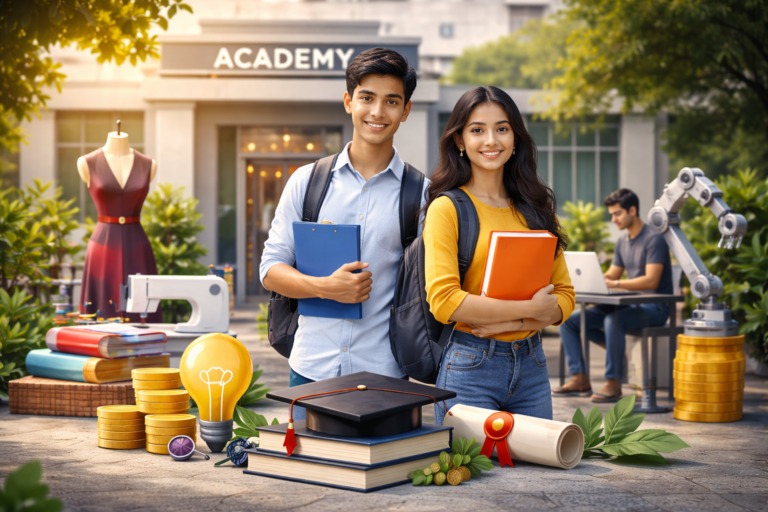Two young Indian students standing in front of Synerrgy Academy with a fashion design station on the left and a robotics workspace on the right, showcasing a career-oriented learning environment. The students are holding books and notebooks, with career-related symbols in the foreground.