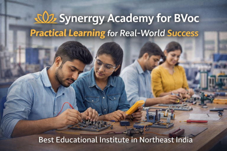 Students at Synergy Academy for BVoc engaging in hands-on learning, working on circuit boards in a lab. The image emphasizes practical, industry-aligned education for real-world success.